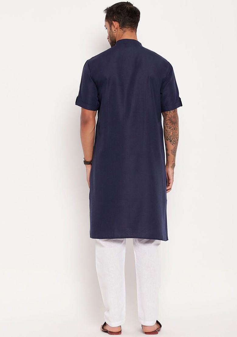 Navy Blue Solid Poly Blend Kurta Set For Men