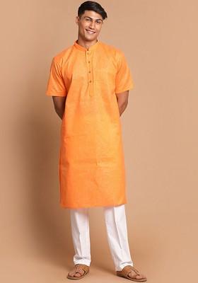 Orange Solid Poly Blend Kurta Set For Men