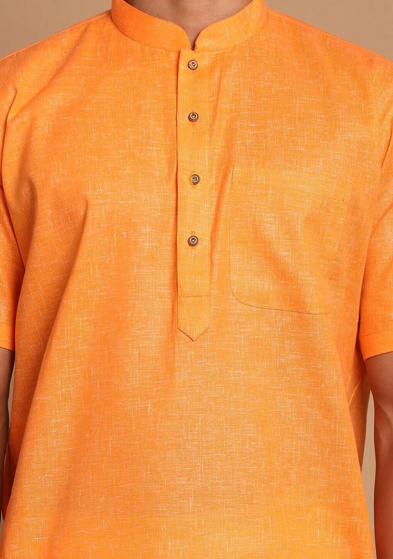 Orange Solid Poly Blend Kurta Set For Men