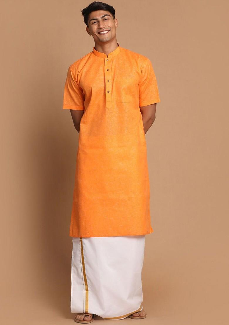 Orange Solid Poly Blend Kurta Set For Men