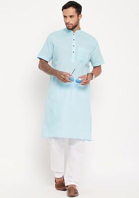 Blue Solid Poly Blend Kurta Set For Men