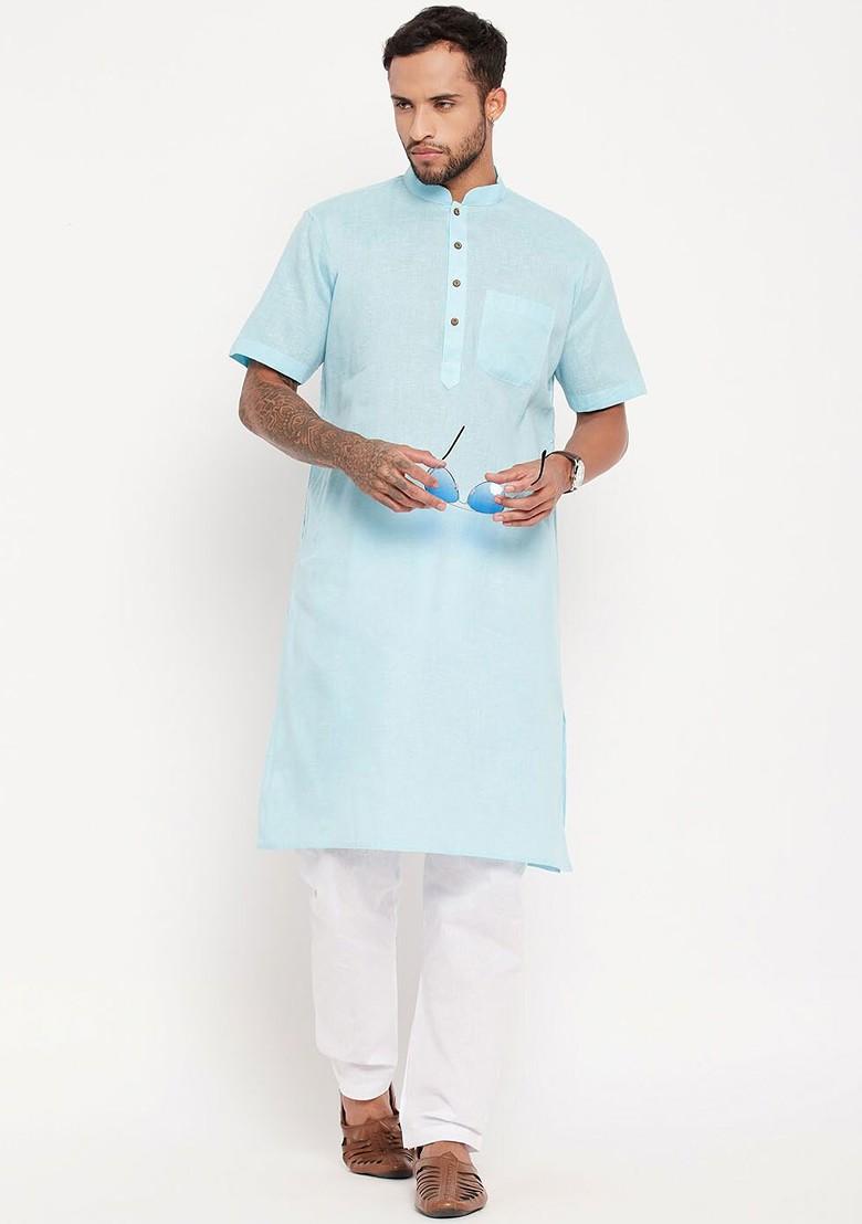 Blue Solid Poly Blend Kurta Set For Men