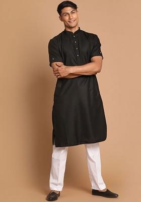 Black Solid Poly Blend Kurta Set For Men