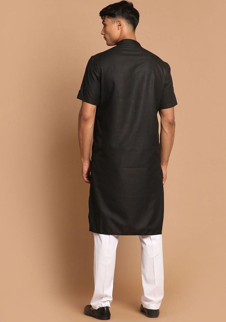 Black Solid Poly Blend Kurta Set For Men