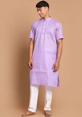 Purple Solid Poly Blend Kurta Set For Men