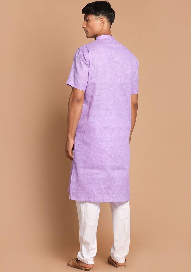 Purple Solid Poly Blend Kurta Set For Men
