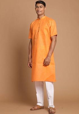Orange Solid Poly Blend Kurta Set For Men