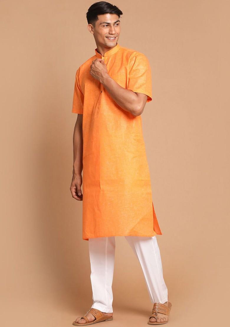 Orange Solid Poly Blend Kurta Set For Men