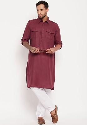 Maroon Solid Pathani Kurta Set For Men