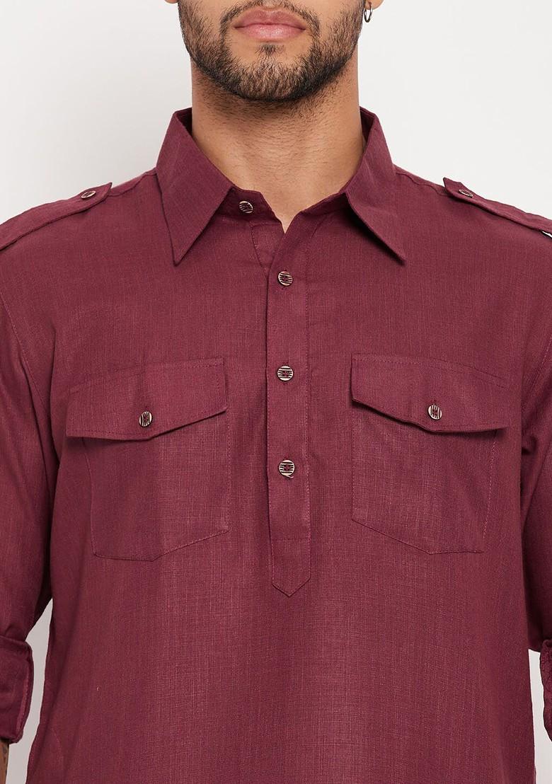 Maroon Solid Pathani Kurta Set For Men