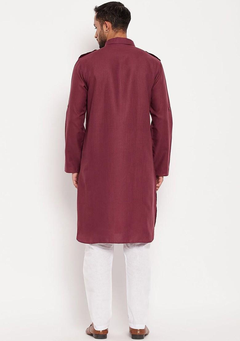 Maroon Solid Pathani Kurta Set For Men