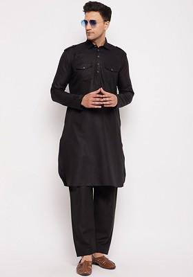 Black Solid Pathani Kurta Set For Men