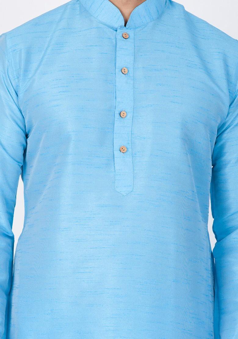 Blue Solid Poly Blend Kurta Set For Men