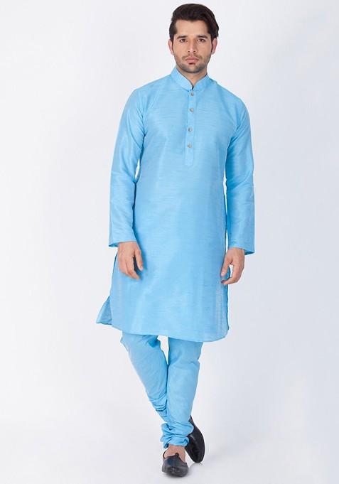 Blue Solid Poly Blend Kurta Set For Men