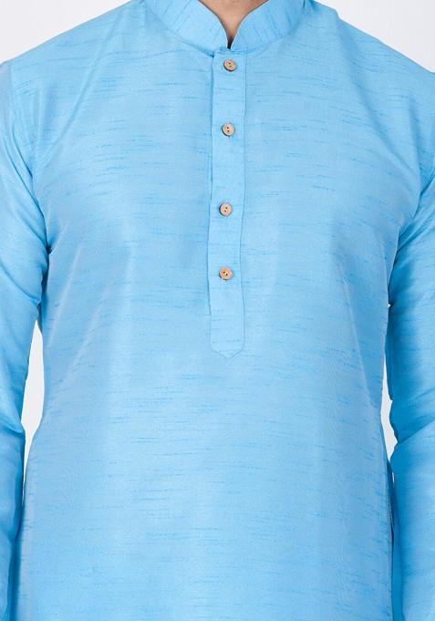 Blue Solid Poly Blend Kurta Set For Men