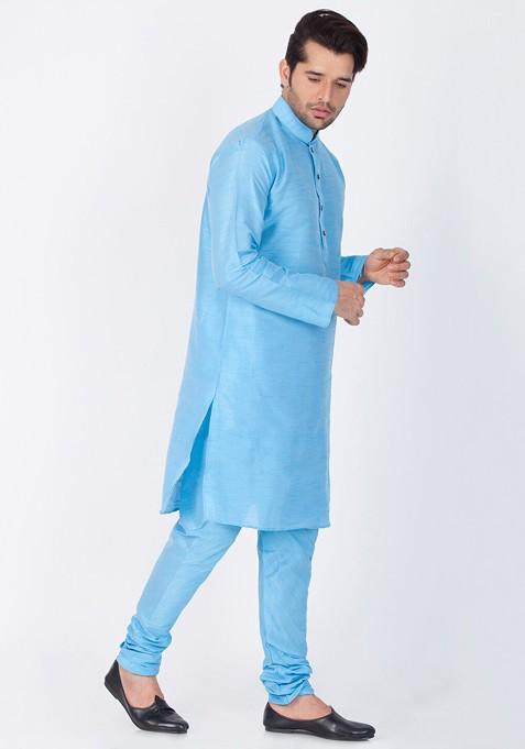 Blue Solid Poly Blend Kurta Set For Men