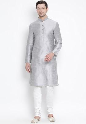 Grey Solid Poly Blend Kurta Set For Men