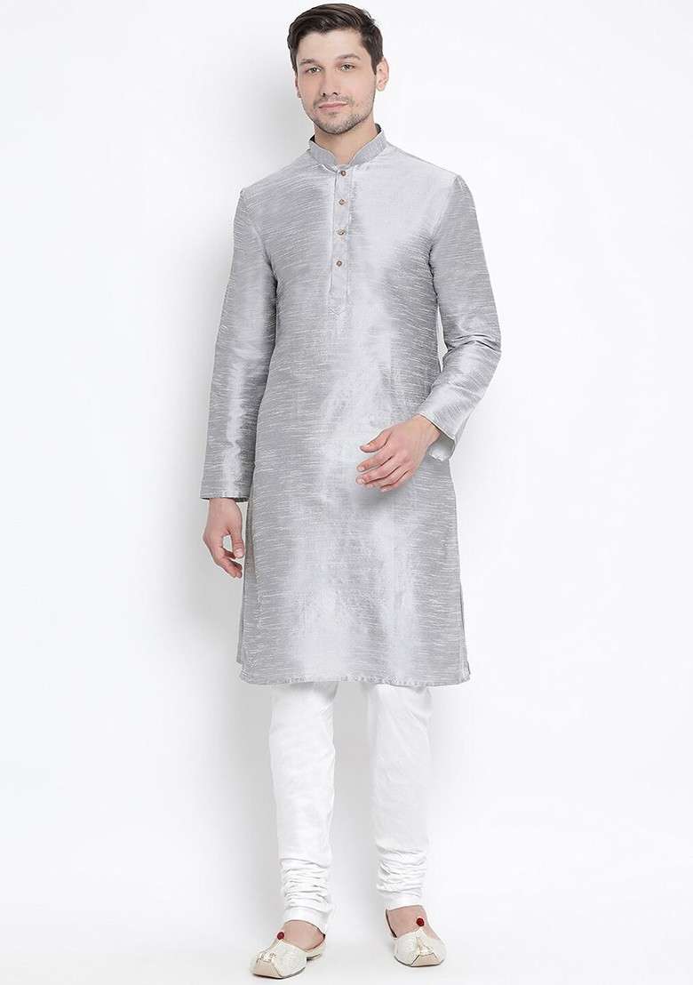Grey Solid Poly Blend Kurta Set For Men - Indya