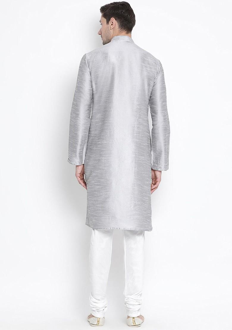 Grey Solid Poly Blend Kurta Set For Men