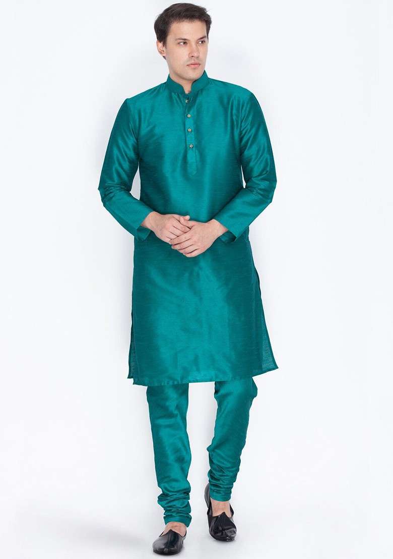 Green Solid Poly Blend Kurta Set For Men - Indya