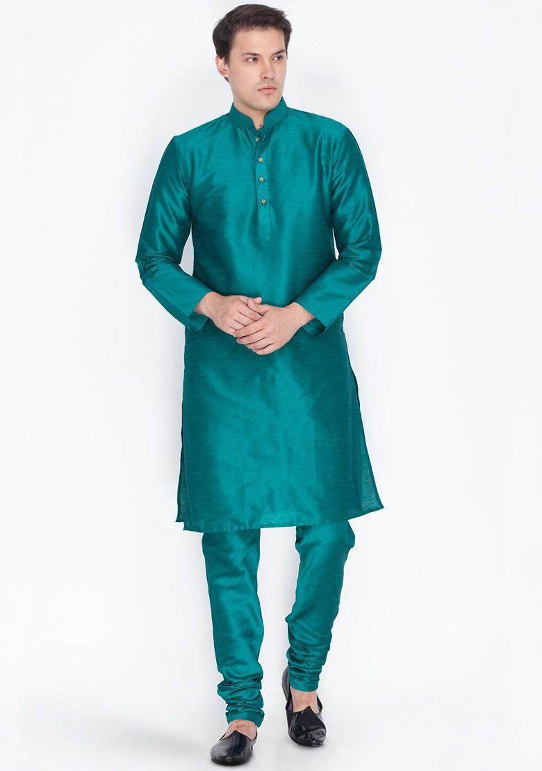 Green Solid Poly Blend Kurta Set For Men
