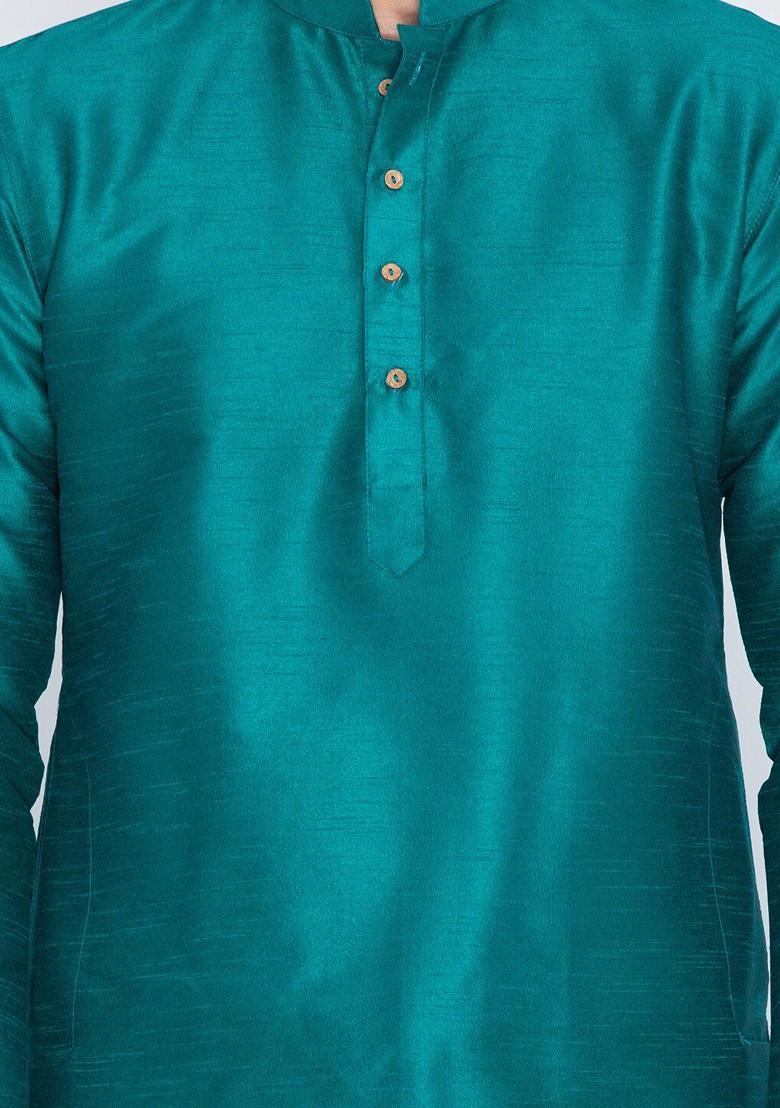 Green Solid Poly Blend Kurta Set For Men