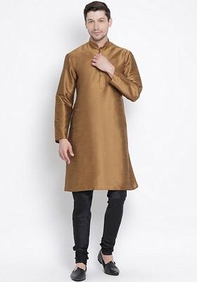 Coffee Brown Solid Poly Blend Kurta Set For Men