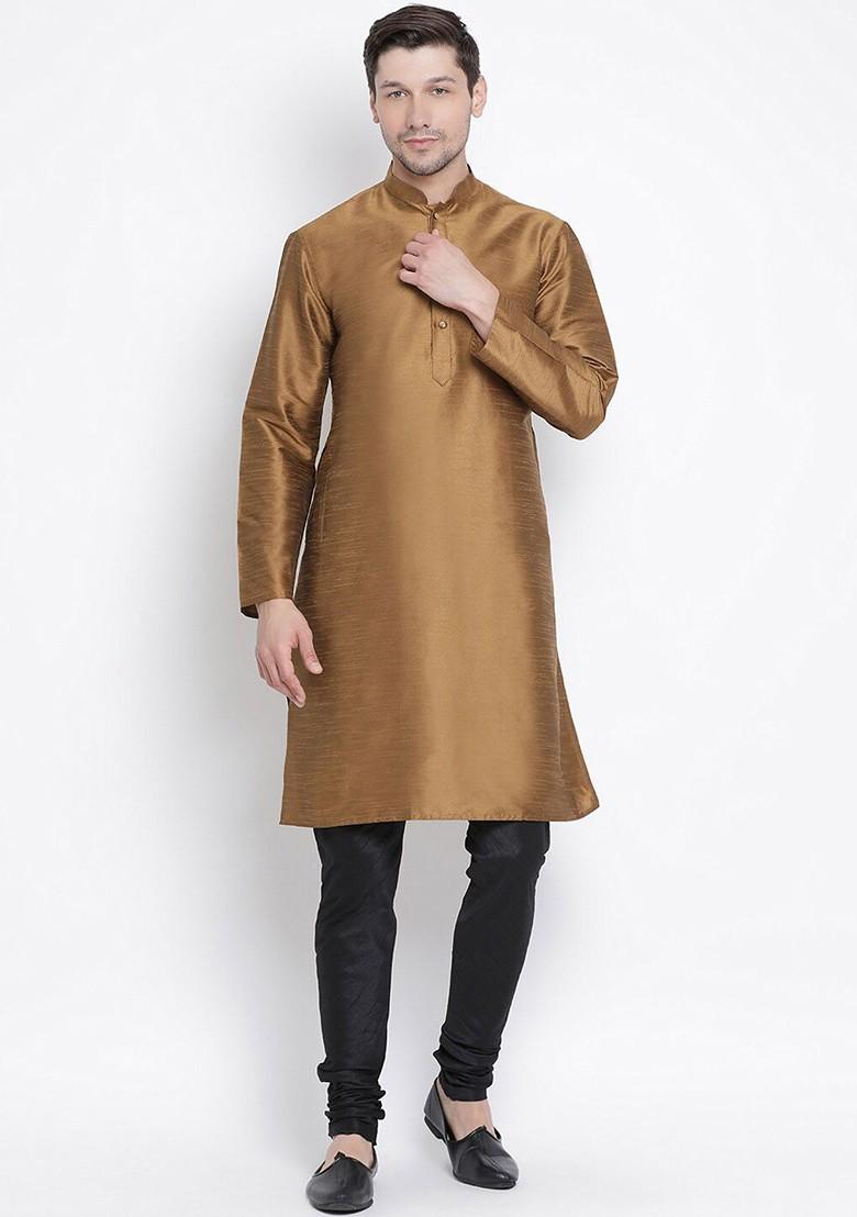 Coffee Brown Solid Poly Blend Kurta Set For Men