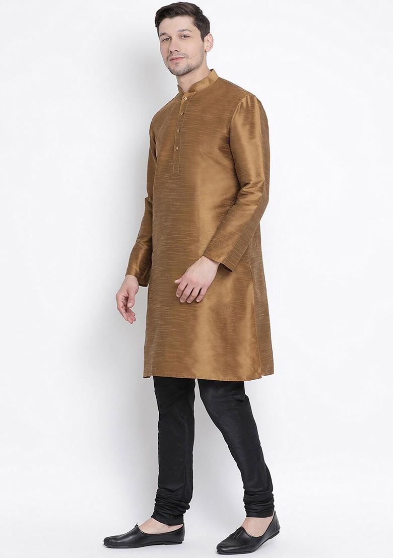 Coffee Brown Solid Poly Blend Kurta Set For Men