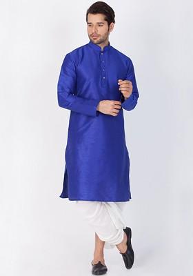Blue Solid Poly Blend Kurta Set For Men