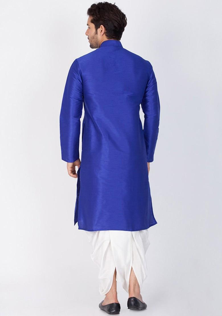 Blue Solid Poly Blend Kurta Set For Men