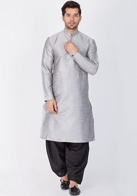Grey Solid Poly Blend Kurta Set For Men