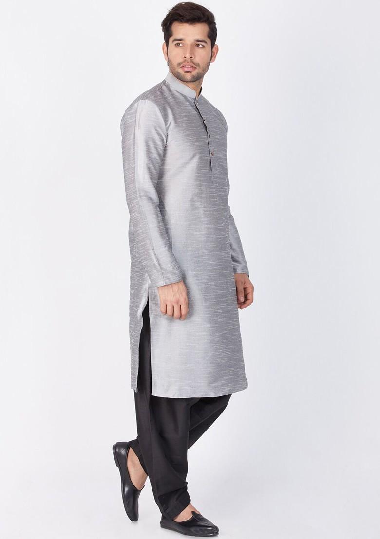 Grey Solid Poly Blend Kurta Set For Men
