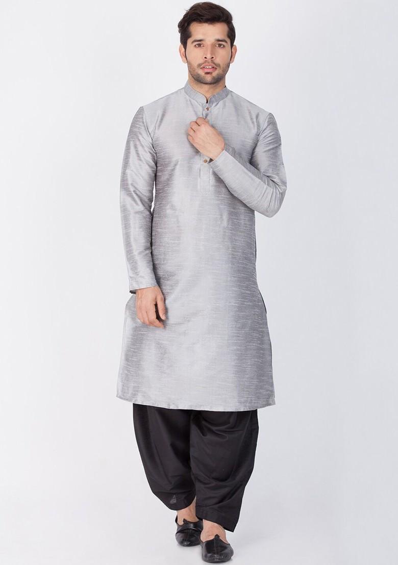 Grey Solid Poly Blend Kurta Set For Men