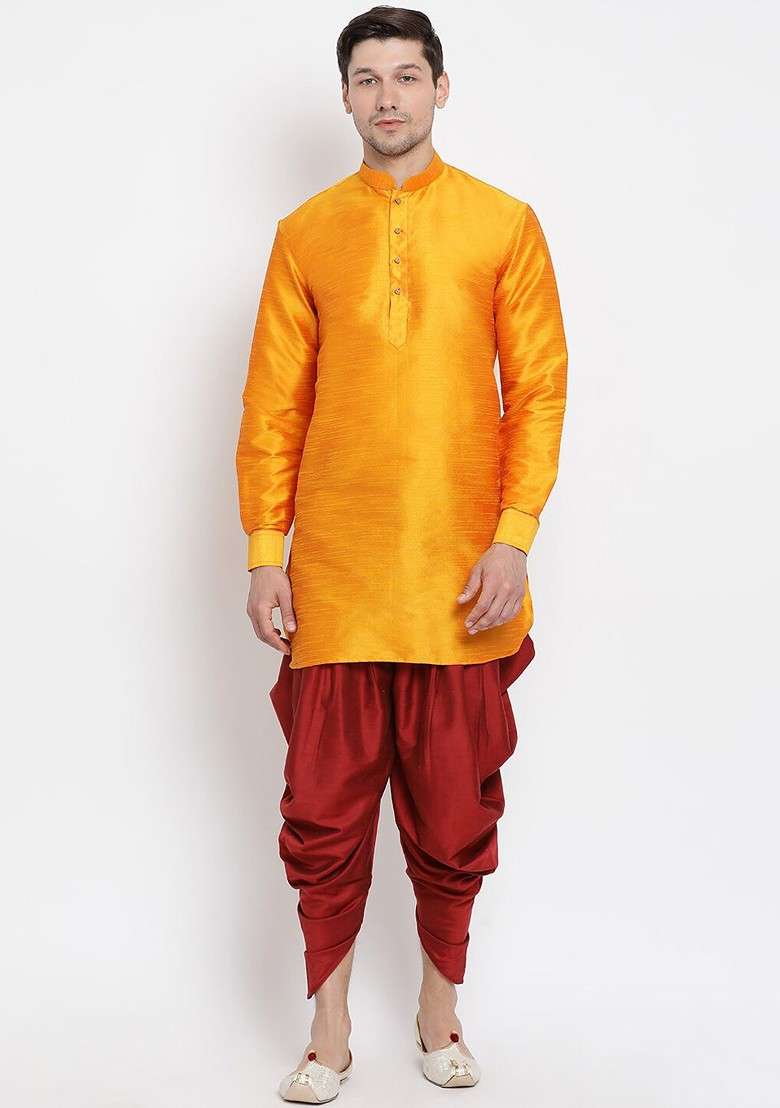 Orange Solid Poly Blend Kurta Set For Men - Indya