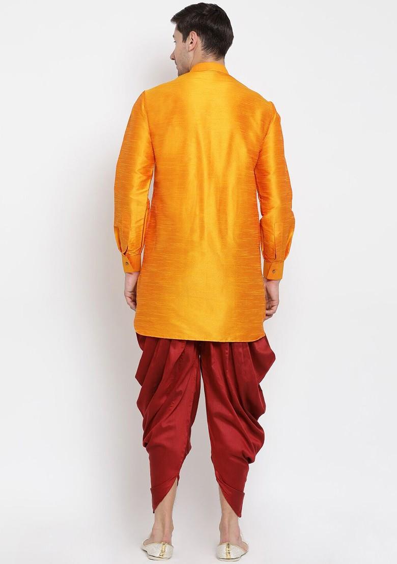 Orange Solid Poly Blend Kurta Set For Men