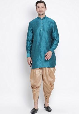 Turquoise Blue Solid Poly Blend Kurta Set For Men