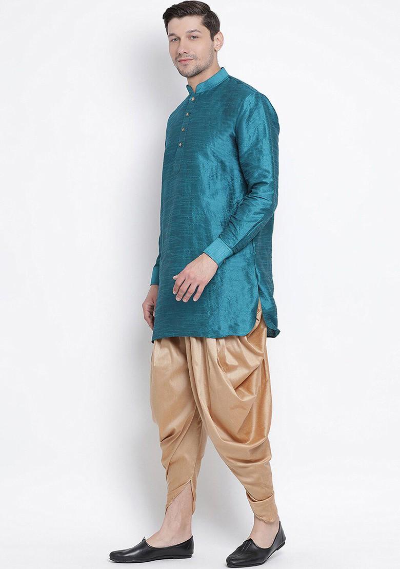 Turquoise Blue Solid Poly Blend Kurta Set For Men