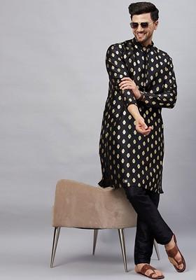 Black Ethnic Motifs Poly Blend Kurta Set For Men