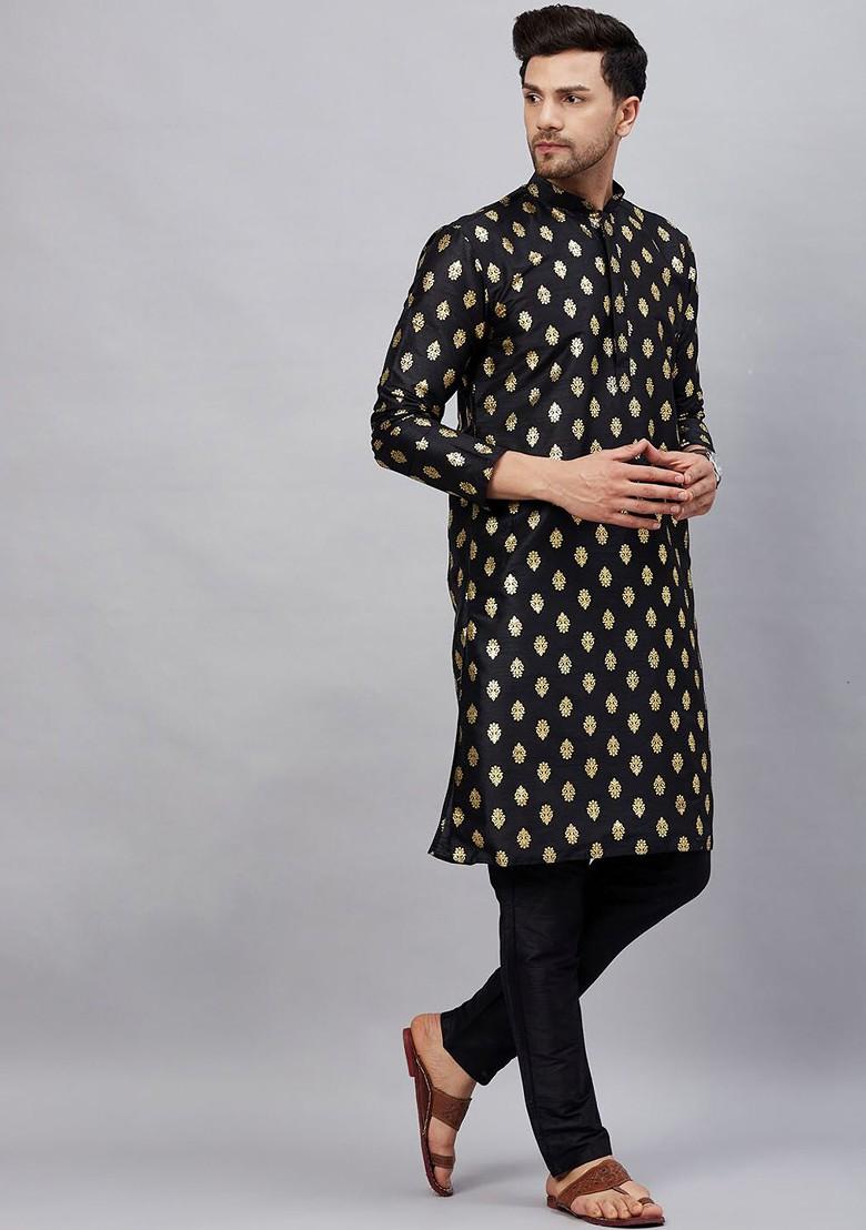 Black Ethnic Motifs Poly Blend Kurta Set For Men