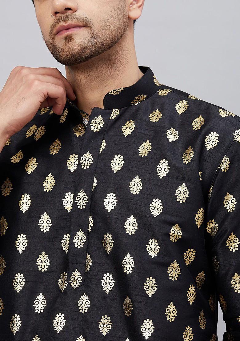 Black Ethnic Motifs Poly Blend Kurta Set For Men
