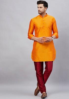 Orange Solid Poly Blend Kurta Set For Men