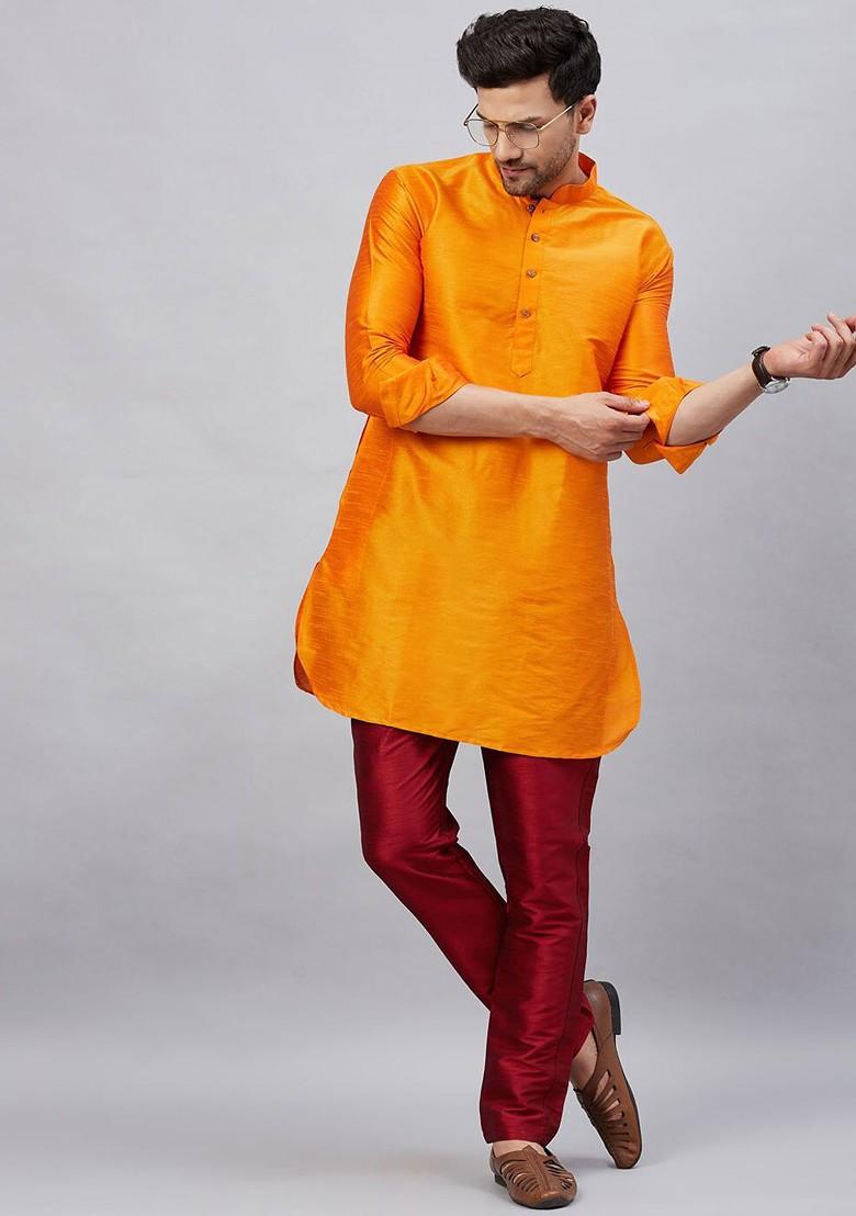 Orange Solid Poly Blend Kurta Set For Men