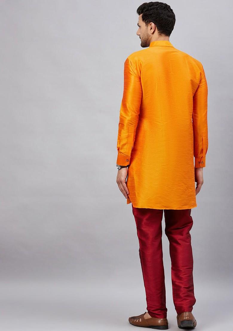 Orange Solid Poly Blend Kurta Set For Men