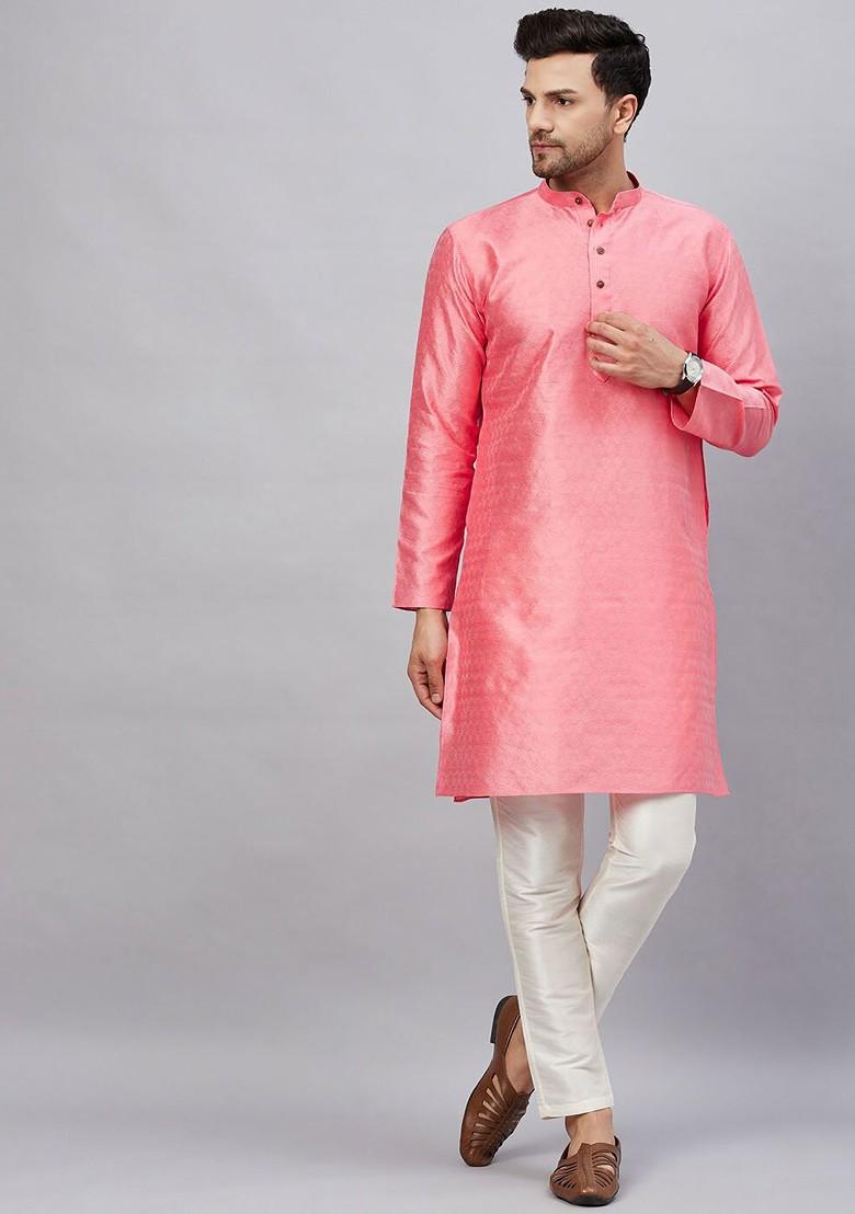 Pink Solid Jacquard Kurta Set For Men