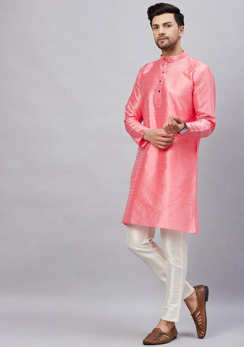 Pink Solid Jacquard Kurta Set For Men