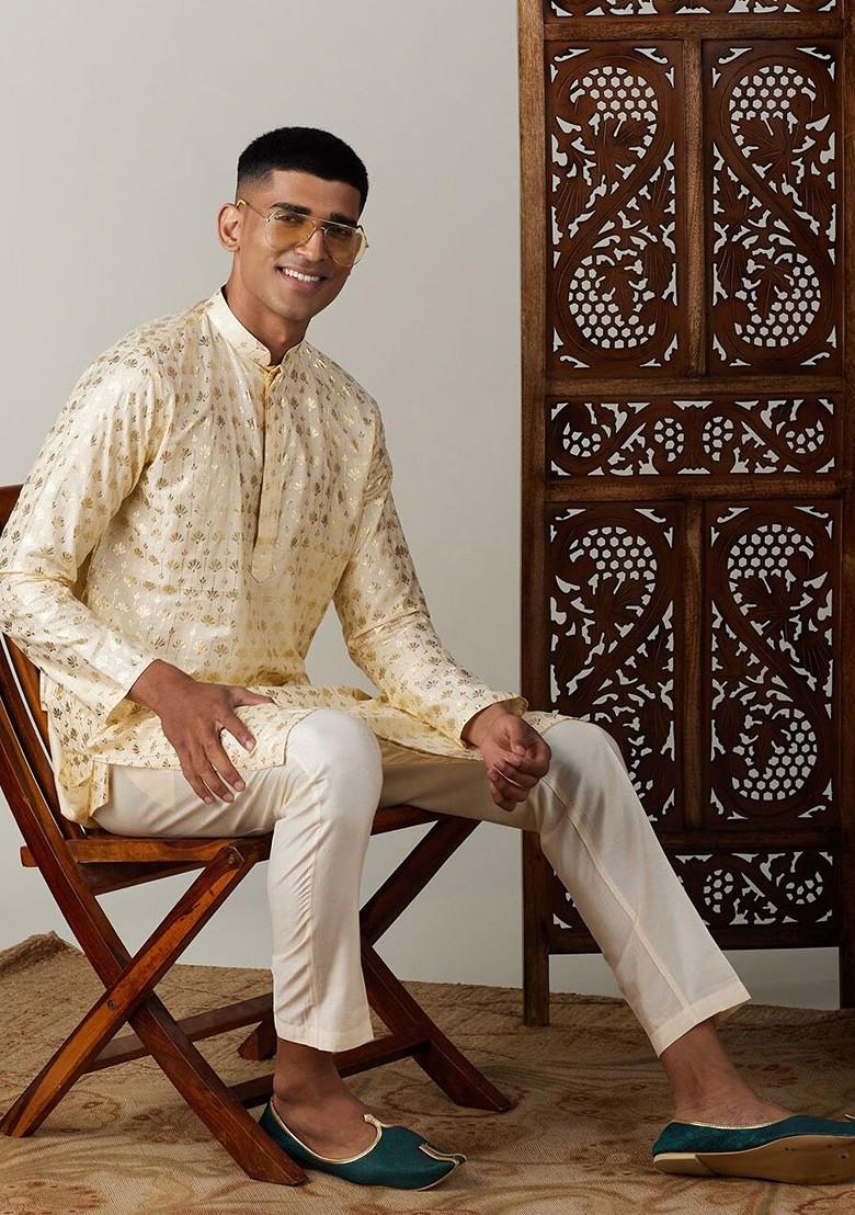 Gold Ethnic Motifs Poly Blend Kurta Set For Men