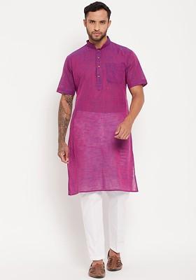 Purple Solid Cotton Kurta Set For Men