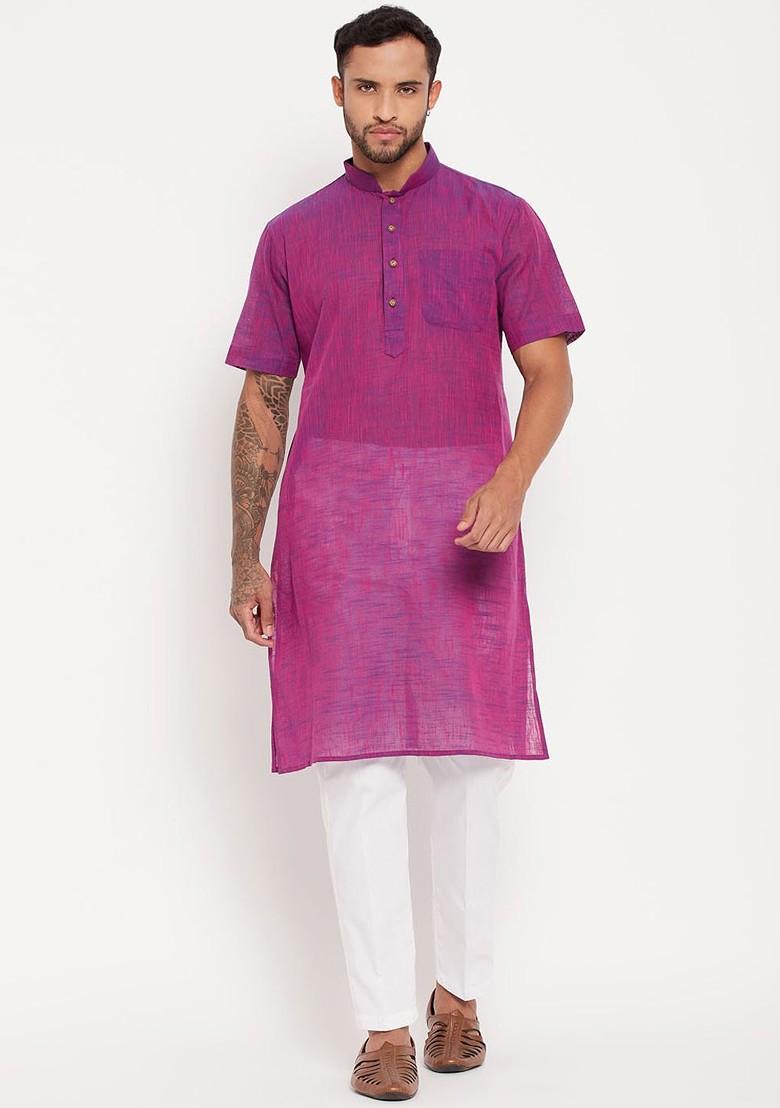 Purple Solid Cotton Kurta Set For Men