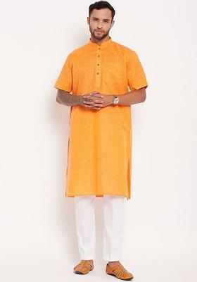 Orange Solid Poly Blend Kurta Set For Men